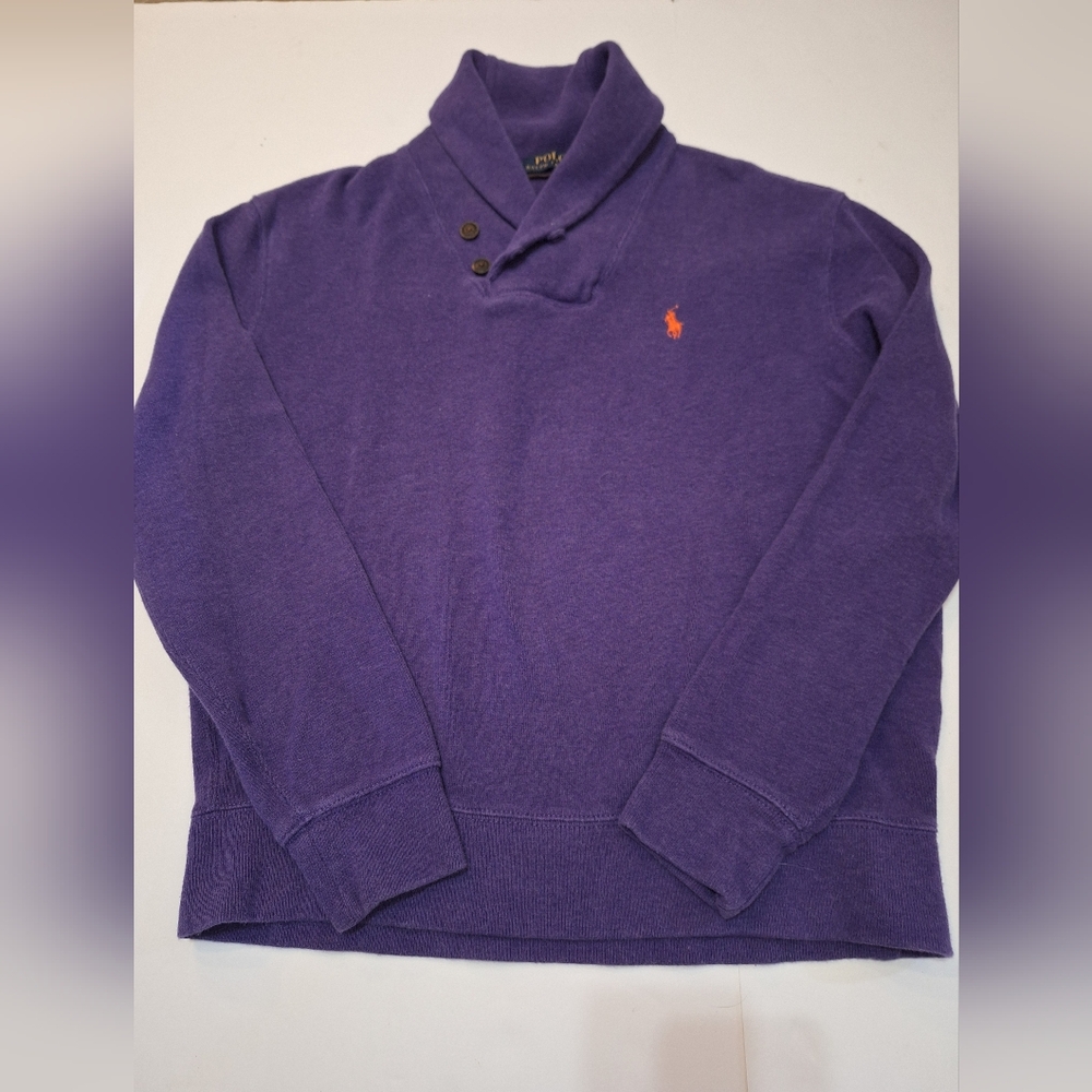 Polo Ralph Lauren Sweater Mens Medium Purple Embroidered Logo Cotton Shawl Colla